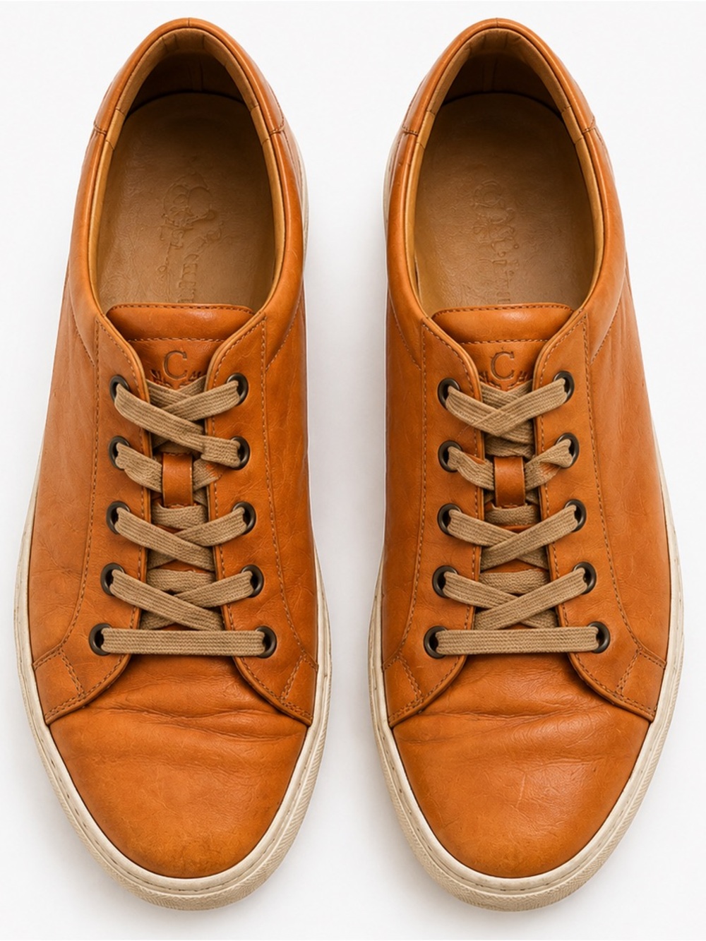 Collegium Mens Leather Low Top Sneakers Cognac Brown EU 41/US8 Luxury Minimalist